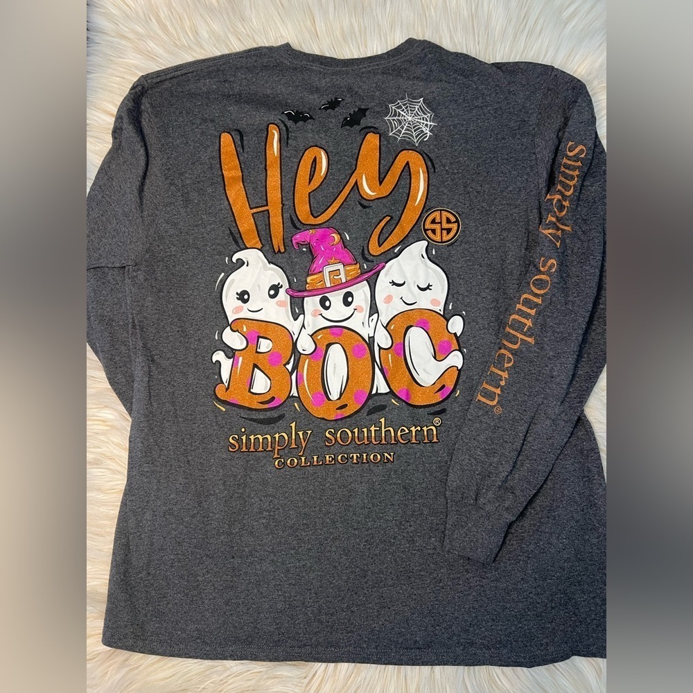 Simply Southern Hey Boo Halloween Ghost Long Sleeve Shirt Gray Size Large